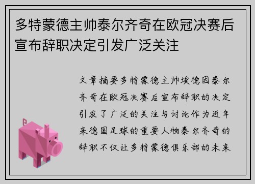 多特蒙德主帅泰尔齐奇在欧冠决赛后宣布辞职决定引发广泛关注 多特蒙德主帅泰尔齐奇在欧冠决赛后宣布辞职决定引发广泛关注