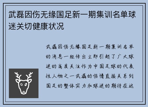 武磊因伤无缘国足新一期集训名单球迷关切健康状况 武磊因伤无缘国足新一期集训名单球迷关切健康状况